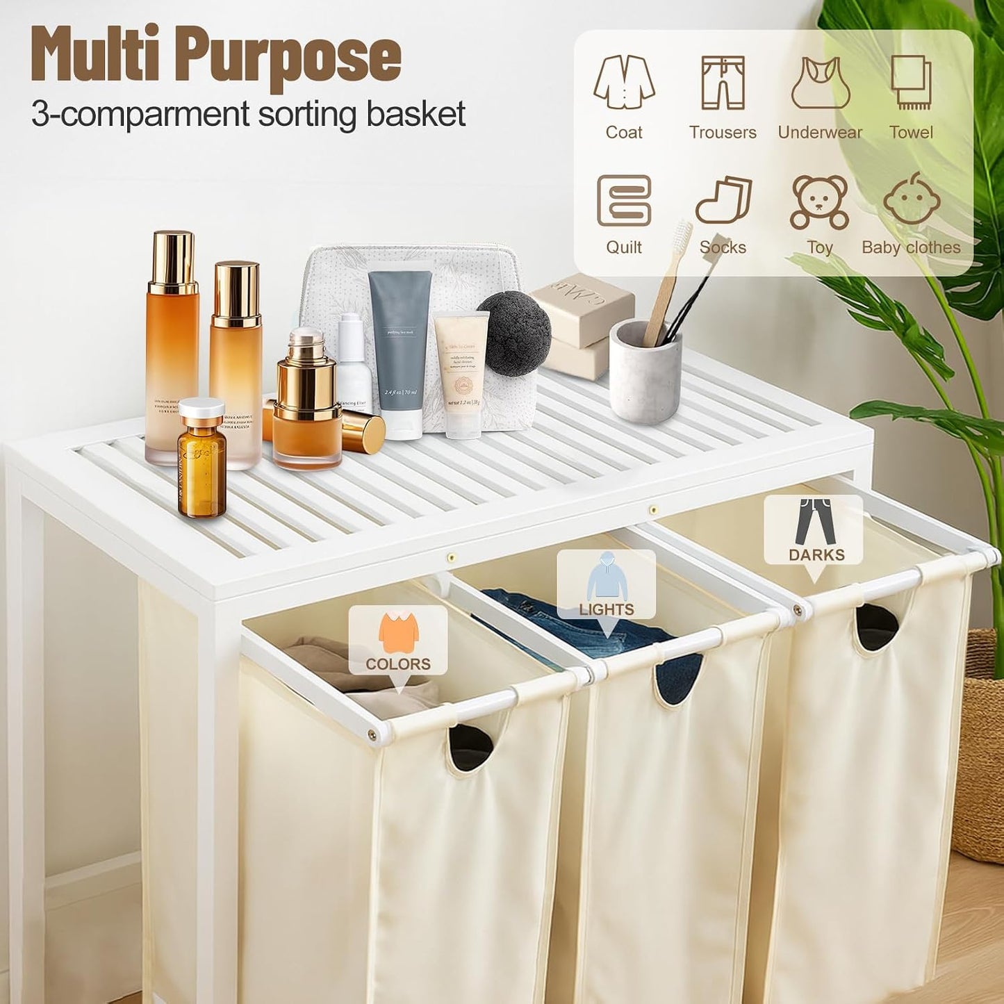 Bamboo Laundry Hamper 3 Section with Lid, 150L Laundry Sorter with Lockable Wheels, Pull-Out Removable Washable Bags, 3 × 12.5 Gal Divided Laundry Baskets for Laundry Room, Bathroom (White)