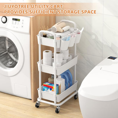 JIUYOTREE 4-Tier Plastic Rolling Storage Cart Utility Cart with Extra Hanging Cups Handles Lockable Wheels for Living Room Bathroom Kitchen Office White