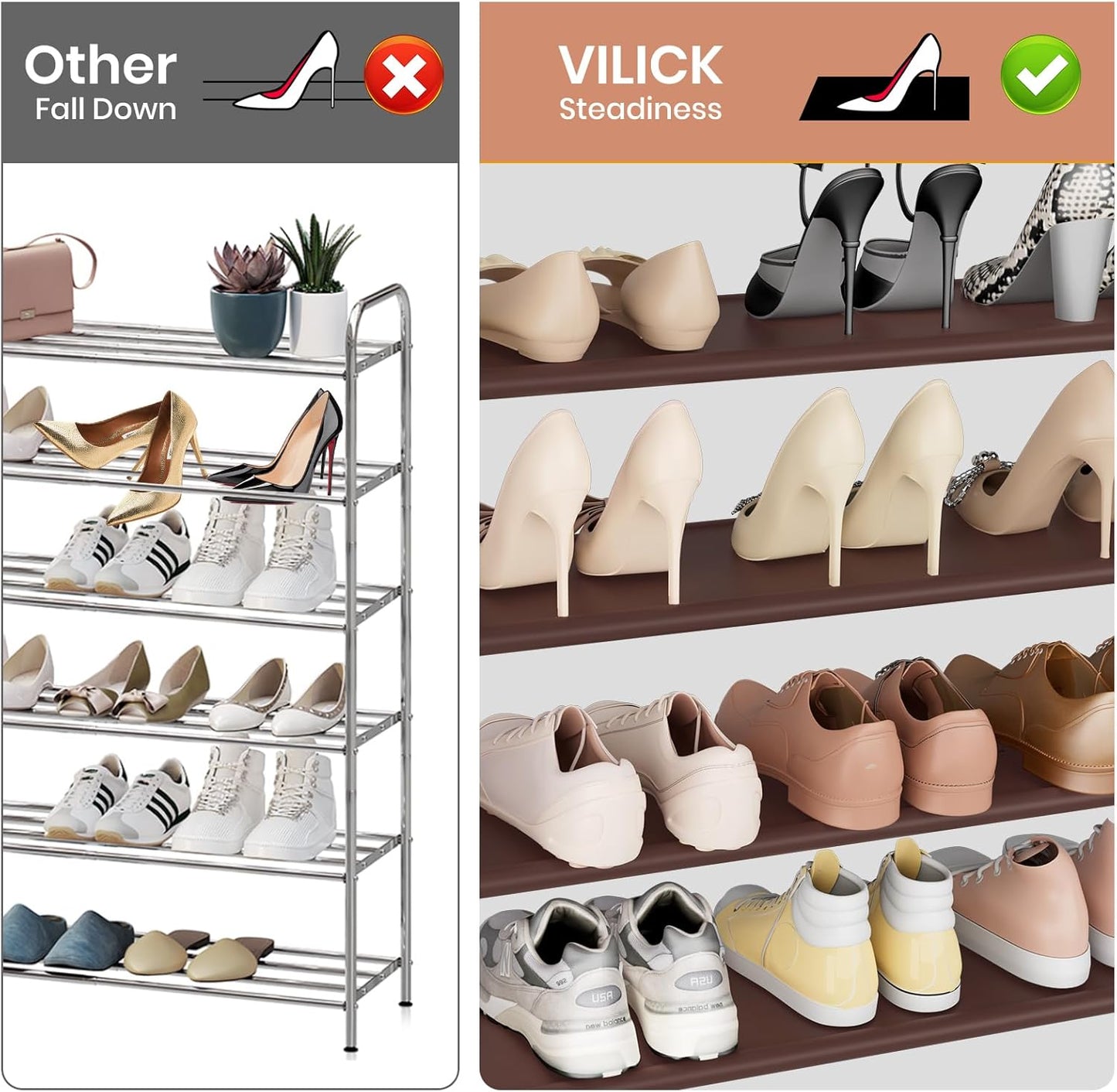 VILICK 5 Tier Shoe Rack with Hook and Side Pocket,Shoe Organizer Space Saver Storage for 20-25 Pair Shoe Storage Shelf Sturdy Free Standing Long Shoe Rack Organizer for Closet,Entryway,Small Spaces