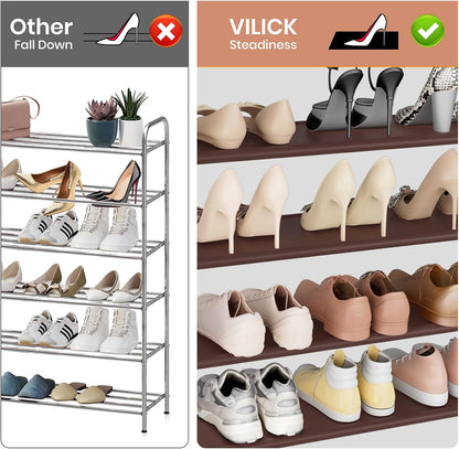 VILICK 5 Tier Shoe Rack with Hook and Side Pocket,Shoe Organizer Space Saver Storage for 20-25 Pair Shoe Storage Shelf Sturdy Free Standing Long Shoe Rack Organizer for Closet,Entryway,Small Spaces
