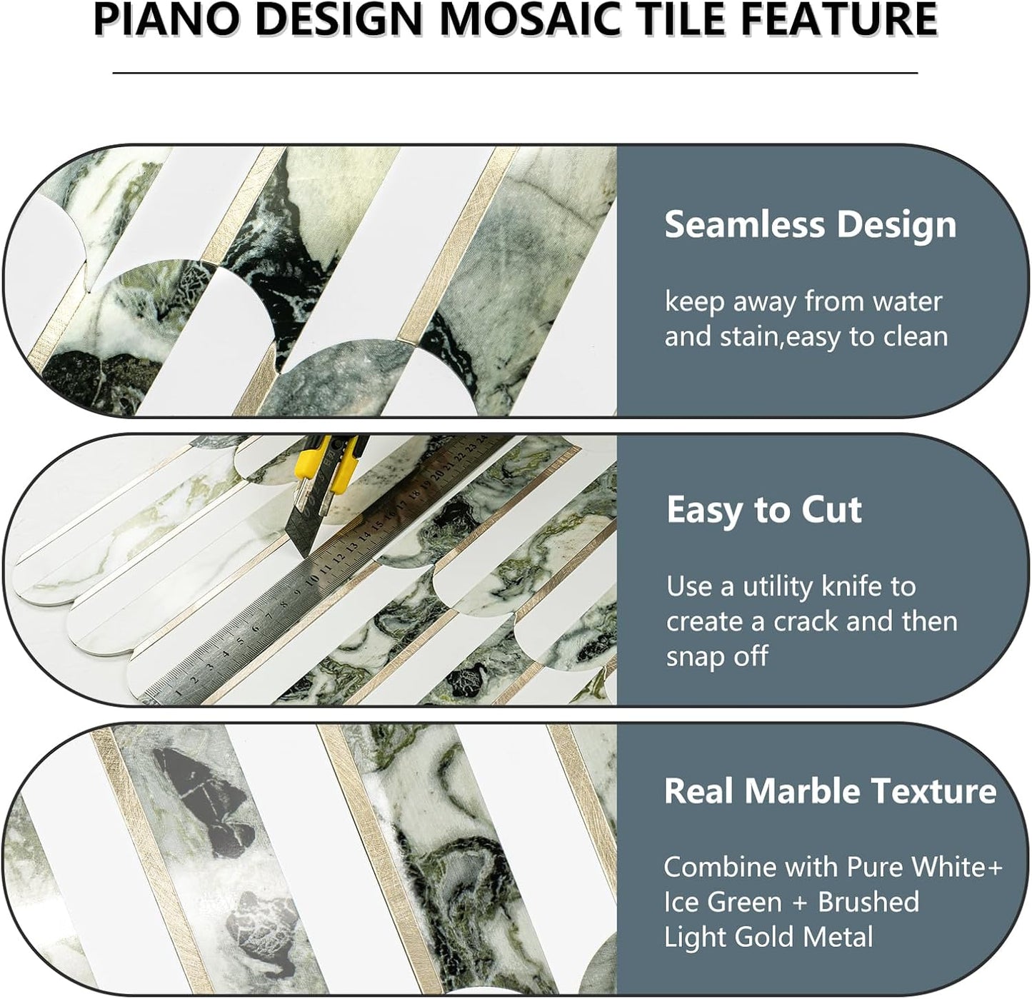 Vamos Peel and Stick Backsplash Seamless Tile for Kitchen and Bathroom,White and Beige Slate PVC Mixed Light Gold Self Adhesive Fish Scale Metal Mosaic Tiles (10 Sheets)