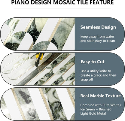 Vamos Peel and Stick Backsplash Seamless Tile for Kitchen and Bathroom,White and Beige Slate PVC Mixed Light Gold Self Adhesive Fish Scale Metal Mosaic Tiles (10 Sheets)