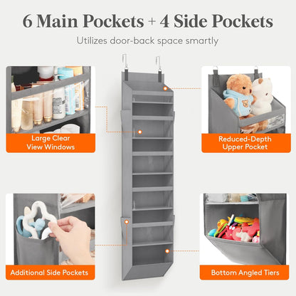 Lifewit 1 Pack Over the Door Organizer, 5 Section Clear Window Hanging Storage with 4 Side Pockets, Sturdy Anti Tilt 40 lbs Load Behind Door for Closet, Bedroom, Bathroom, Nursery, Dorm, Dark Gray