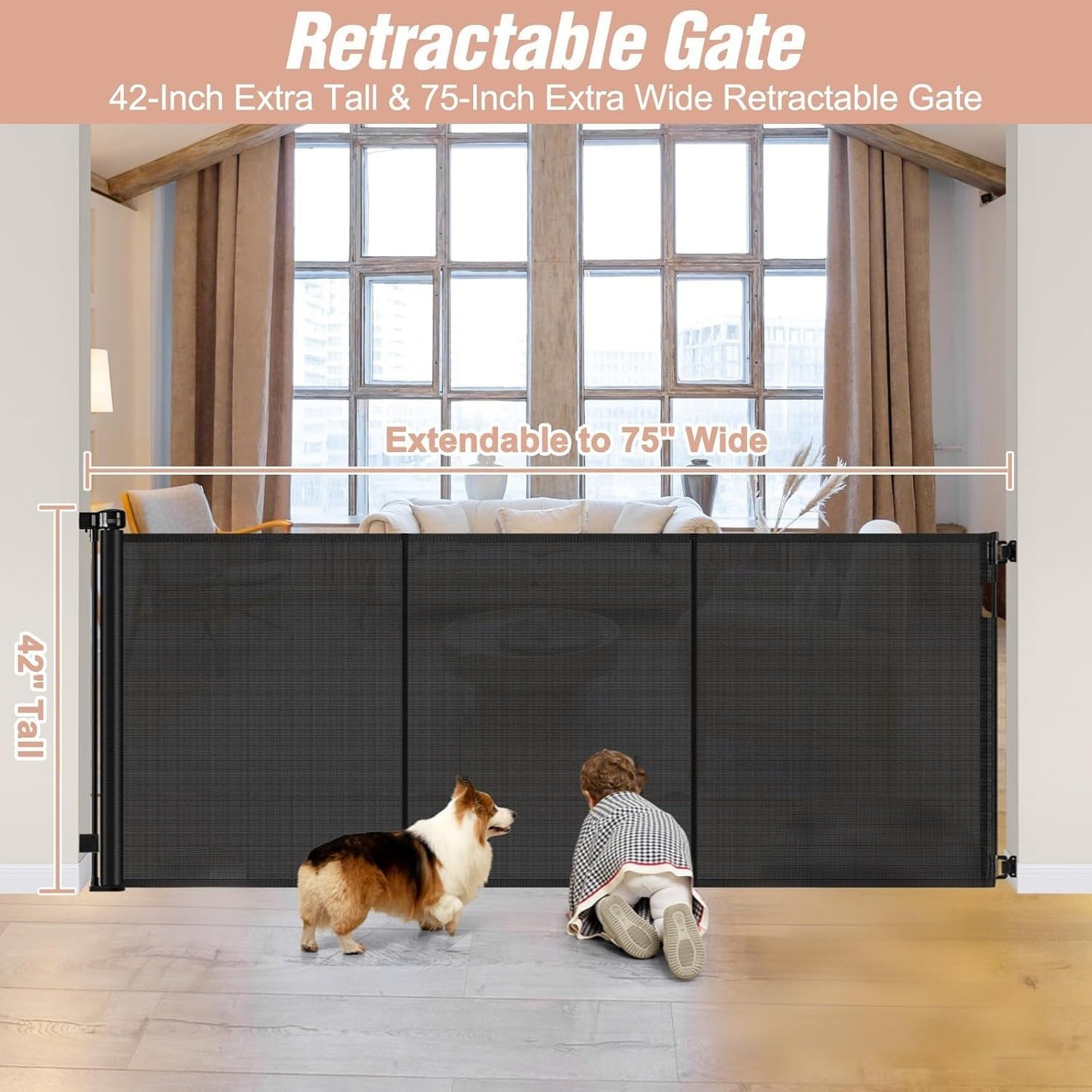 Newly Enhanced - 42" Tall × 120" Extra Wide Retractable Baby Gate Keeps Pets from Getting Under Tall Dog Gate, Indoor/Outdoor Baby Gates for Dogs, Retractable Dog Gate for Large Openings, White