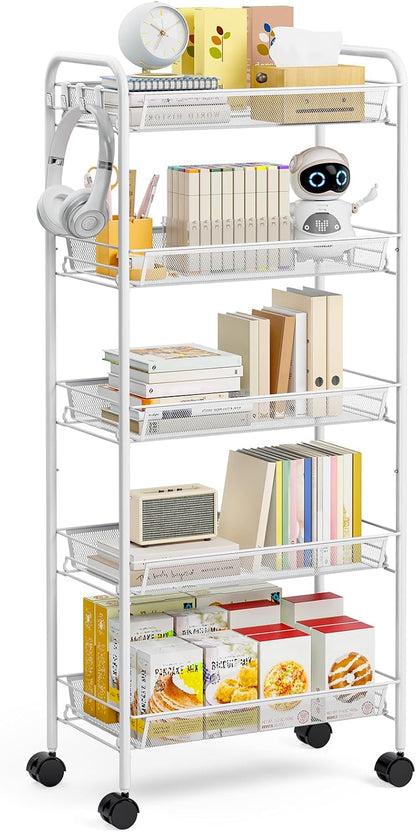 TOOLF 3-Tier Metal Rolling Cart, Mesh Wire Easy Assemble Utility Cart, Storage Trolley on Wheels with 3 Hooks, MetalStorage Shelving Units for Kitchen Bathroom Laundry Room