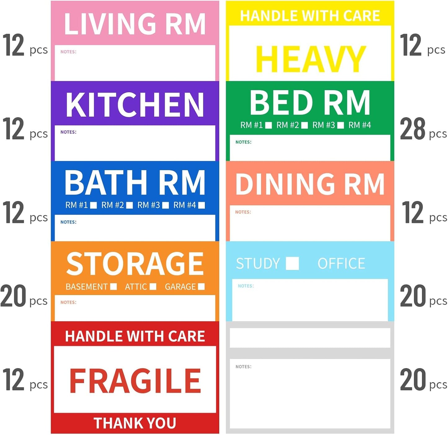 Ououstate Moving Stickers, 6 x 4 Inches Color-Coded Packing Box Labels 10 Designs with Fragile 、Heavy and Blank Customizable Labels (6 * 4IN)
