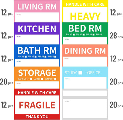 Ououstate Moving Stickers, 6 x 4 Inches Color-Coded Packing Box Labels 10 Designs with Fragile 、Heavy and Blank Customizable Labels (6 * 4IN)