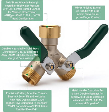 2 Way Garden Hose Splitter, Brass Y-Valve Hose Splitter. | Brass Garden Hose Splitter, 2 Way Heavy Duty Faucet Splitter with Shut Off Valve, 3/4" GHT Thread, Hose Bib Adapter