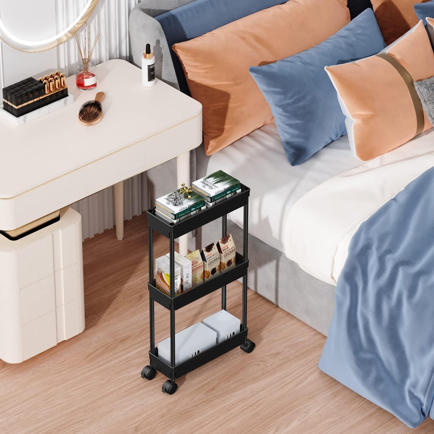 Sooyee 3 Tier Rolling Cart with Wheels, Slim Storage Cart, Under Desk Narrow Rolling Utility Cart Storage Organizer for Office Bathroom Kitchen Laundry Room Narrow Places, White, Plastic and Metal