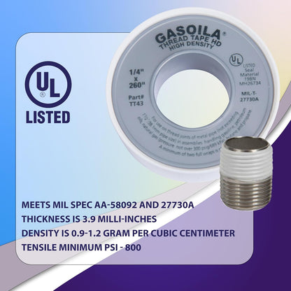 Gasoila PTFE Thread Seal Tape – Professional-Grade, 1/4 Inch x 260 Inch, High-Density Thread Tape for Plumbing, HVAC, Gas Lines, Water Pipes, and Air Compressors – Leak-Proof Seal, Non-Toxic