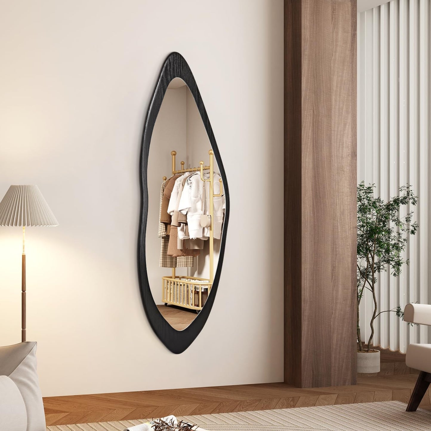 AAZZKANG Irregular Wall Mirror Full Length Black Wood Framed Large | 47"x20" Asymmetrical Full Body Mirrors for Bedroom Living Room Entryway
