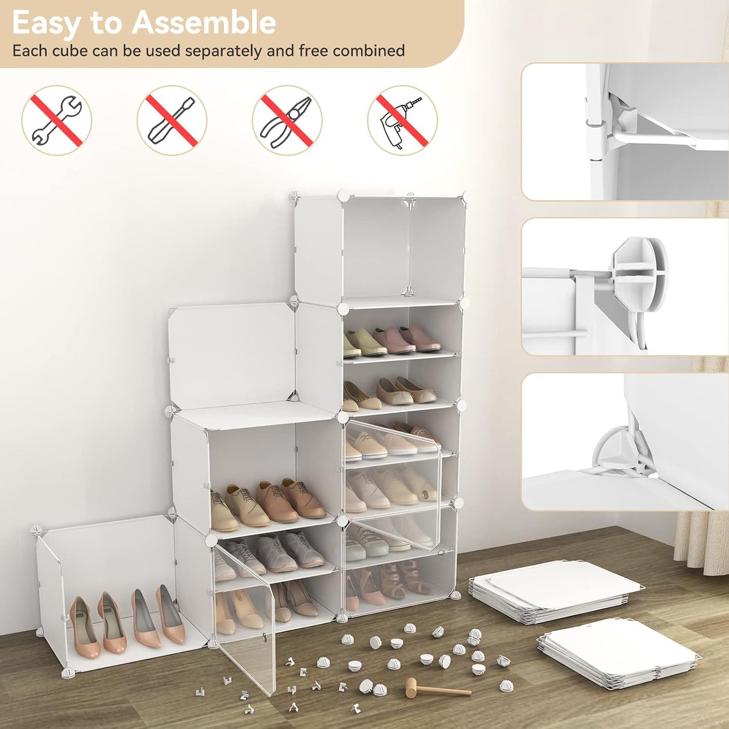 Portable Shoe Rack Organizer with Door, 96 Pairs Shoe Storage Cabinet Easy Assembly, Plastic Adjustable Shoe Storage Organizer Stackable Detachable Free Standing DIY Expandable 12 Tier Black
