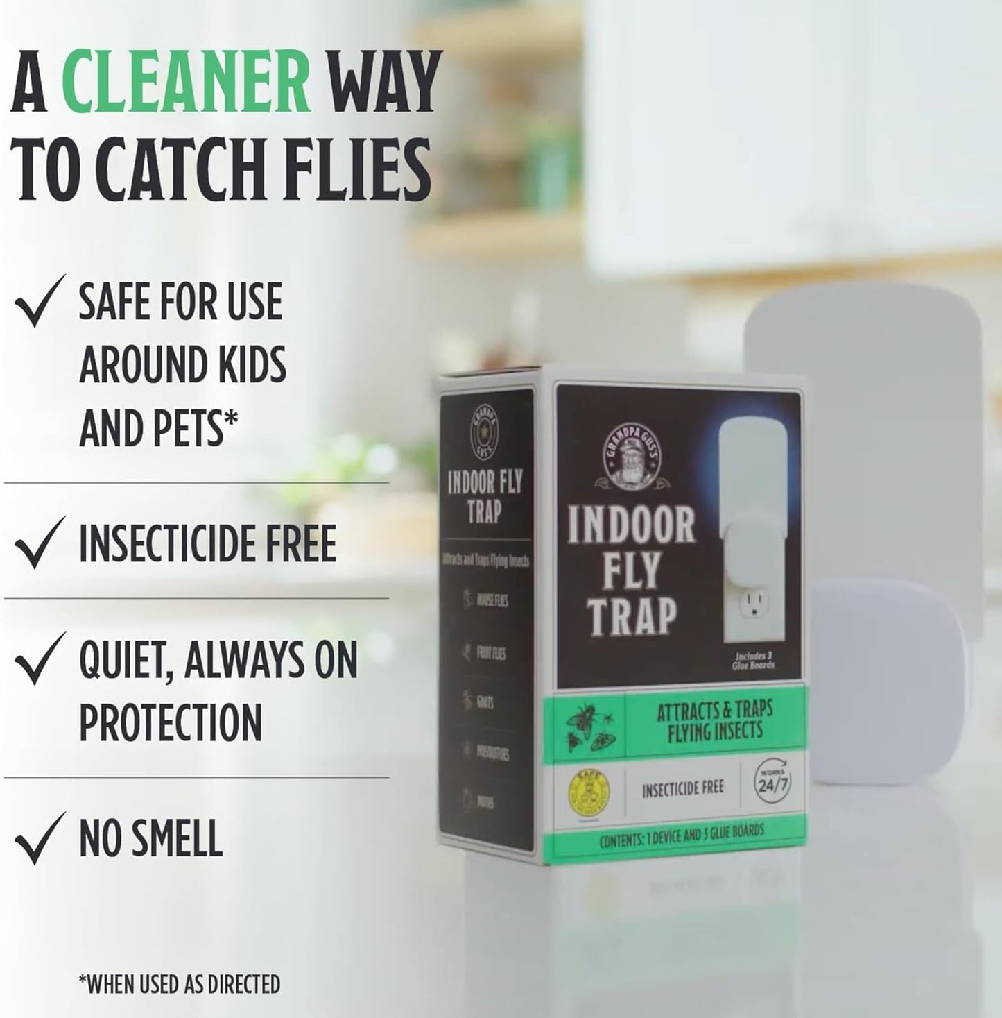 Grandpa Gus’s Indoor Fly Trap Plug-In - UV Light Insect Catcher for Flies, Gnats, Fruit Flies, Mosquitoes & Moths - No Insecticides, Sticky Glue Trap for Kitchen, Garage, Includes 3 Refill Glue Boards