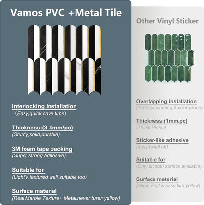 Vamos Peel and Stick Backsplash Seamless Tile for Kitchen and Bathroom,White and Beige Slate PVC Mixed Light Gold Self Adhesive Fish Scale Metal Mosaic Tiles (10 Sheets)