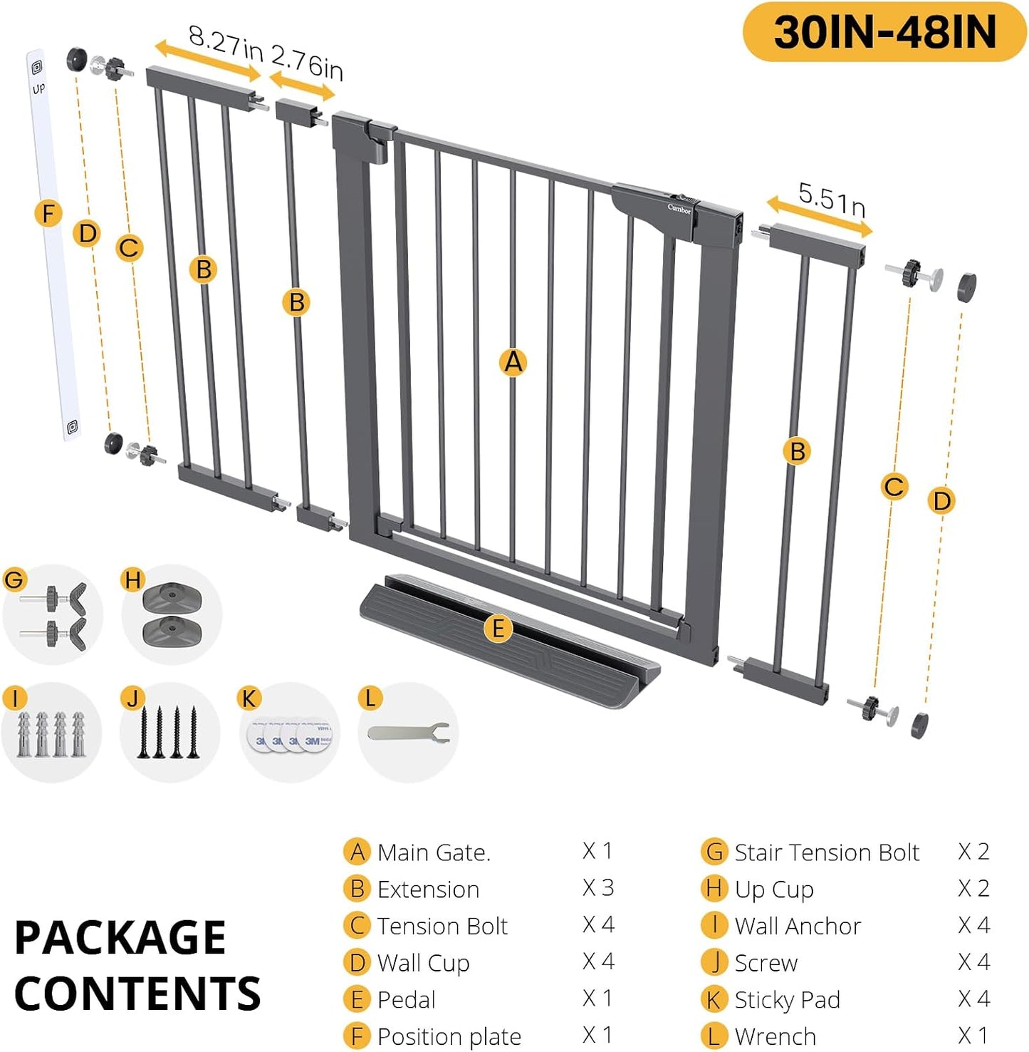Cumbor 29.7-48" Baby Gate for Stairs, Mom's Choice Awards Winner-Dog Gate for Doorways, Auto Close Safety Pet Gate for Dogs Indoor, Easy Install Pressure Mounted Child Gate with Walk Thru Door, Brown