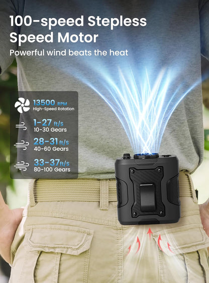 Koonie Waist Clip-on Fan for Shirt, 100 Levels of Speeds, 24H Work Time | Portable Wearable Belt Personal Cooling Fan, Rechargeable Battery, Under-shirt Fan for Outdoor Work, Travel
