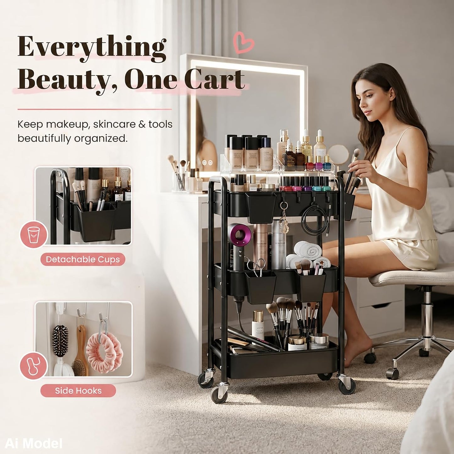 2 Tier Small Rolling Cart Metal with Wheels, White Under Desk Storage Cart on Wheels, Short Utility Roller Caddy Carts Organizer for Art,Craft,Pantry,Bathroom, Two Tiered Shelf Trolley,22 Inches Tall