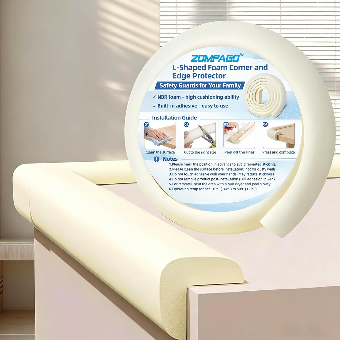 ZOMPAGO Baby Edge Protector Roll (6.56FT) & 8 Corner Guards - White Foam Furniture Corner Protectors - Baby Proof Corners and Edges for Table, Wall, Bed Frame - Baby Proofing Safety Bumpers