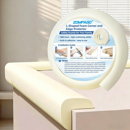 ZOMPAGO Baby Edge Protector Roll (6.56FT) & 8 Corner Guards - White Foam Furniture Corner Protectors - Baby Proof Corners and Edges for Table, Wall, Bed Frame - Baby Proofing Safety Bumpers