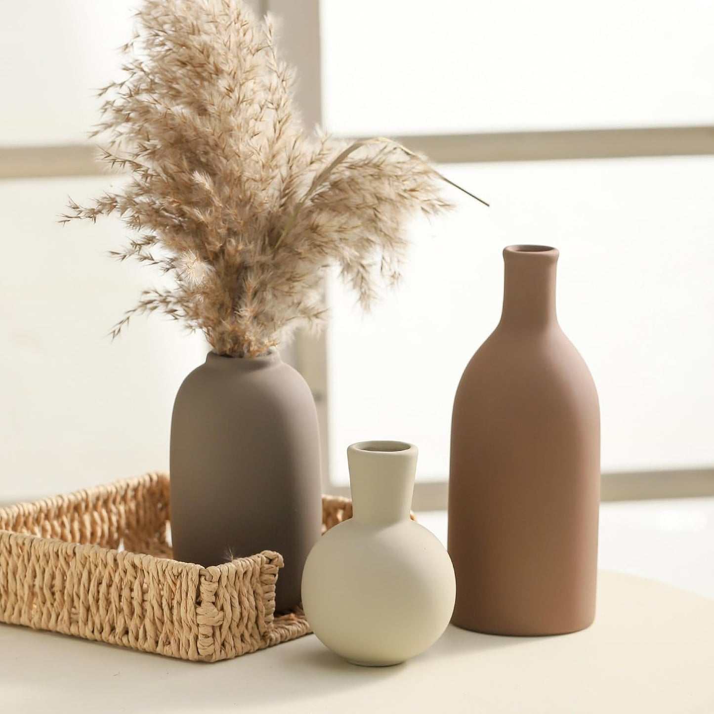 Ceramic Vase Set of 3, Decorative Vases Home Decor Modern Neutral Flower Pampass Boho Vase for Living Room, Table, Mantel, Entryway, Bookshelf, Kitchen, Bedroom, Bathroom - White