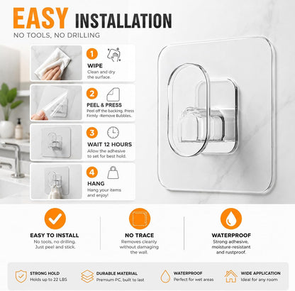 18 Pack Adhesive Wall Hooks for Hanging Heavy Duty 22lb(Max), Upgraded Clear PC No Drill Towel Hooks, Waterproof Sticky Hangers for Home, Bathroom, Kitchen, Shower, Keys, Office & Outdoor