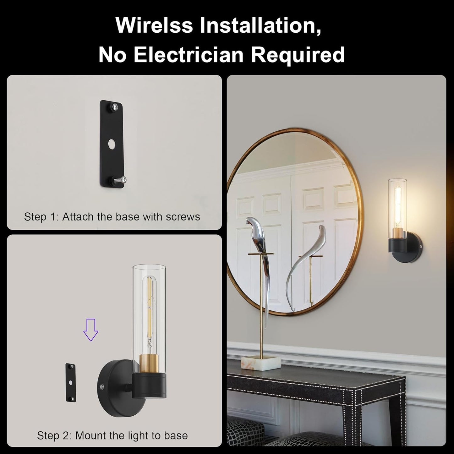 SANTOSTOCK Gold Battery Operated Wall Sconce Set of 2, 12000mAh Rechargeable Wall Lights with Remote Control, Wireless Dimmable Wall Lamps for Bedroom Living Room Bathroom Hallway Stairwell
