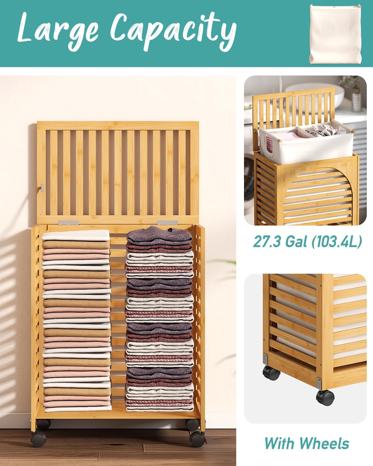Black Laundry Hamper with Wheels, Laundry Basket with Lid, 22.5 Gallon (85L) Bamboo Wood Clothes Laundry Hamper 2 Section with Handles, Removable Liner