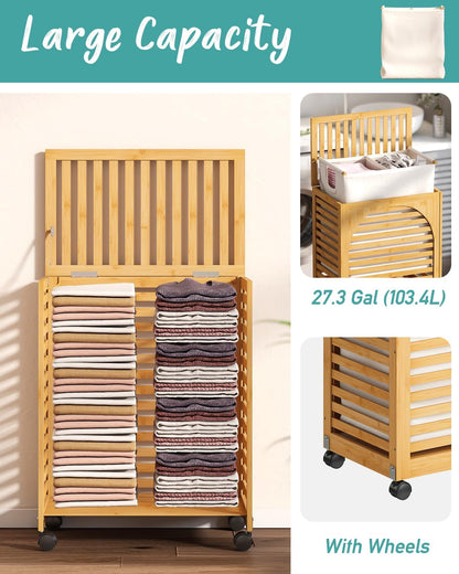 Black Laundry Hamper with Wheels, Laundry Basket with Lid, 22.5 Gallon (85L) Bamboo Wood Clothes Laundry Hamper 2 Section with Handles, Removable Liner