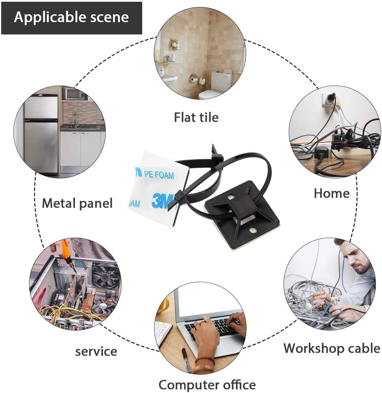 Zip Tie Mounts - SeuYeugX 100PCS Cable Self Adhesive Mounts Set for Wire Management with Stick Pads Anchors Clips Squares Holders (Black)
