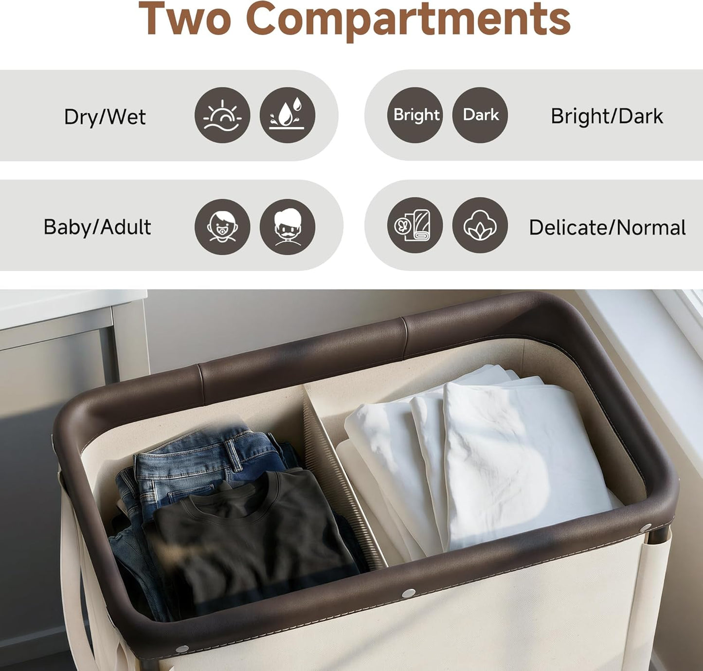 StorageWorks 3 Section Laundry Hamper, Rolling Laundry Cart with Wheels and Handles, Laundry Room Double Sorter for Organizer and Storage, 31.7 Gal(120L), Beige