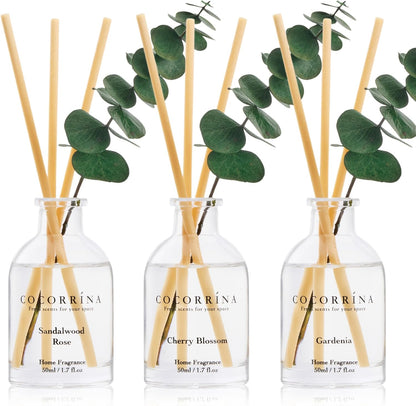 COCORRÍNA Eucalyptus Reed Diffuser Set of 3 - Eucalyptus & Moss, Clean Linen, Ocean Mist Scents, 1.7 fl oz Each, Total 5.1 oz, Scented Oil Diffusers for Home & Office