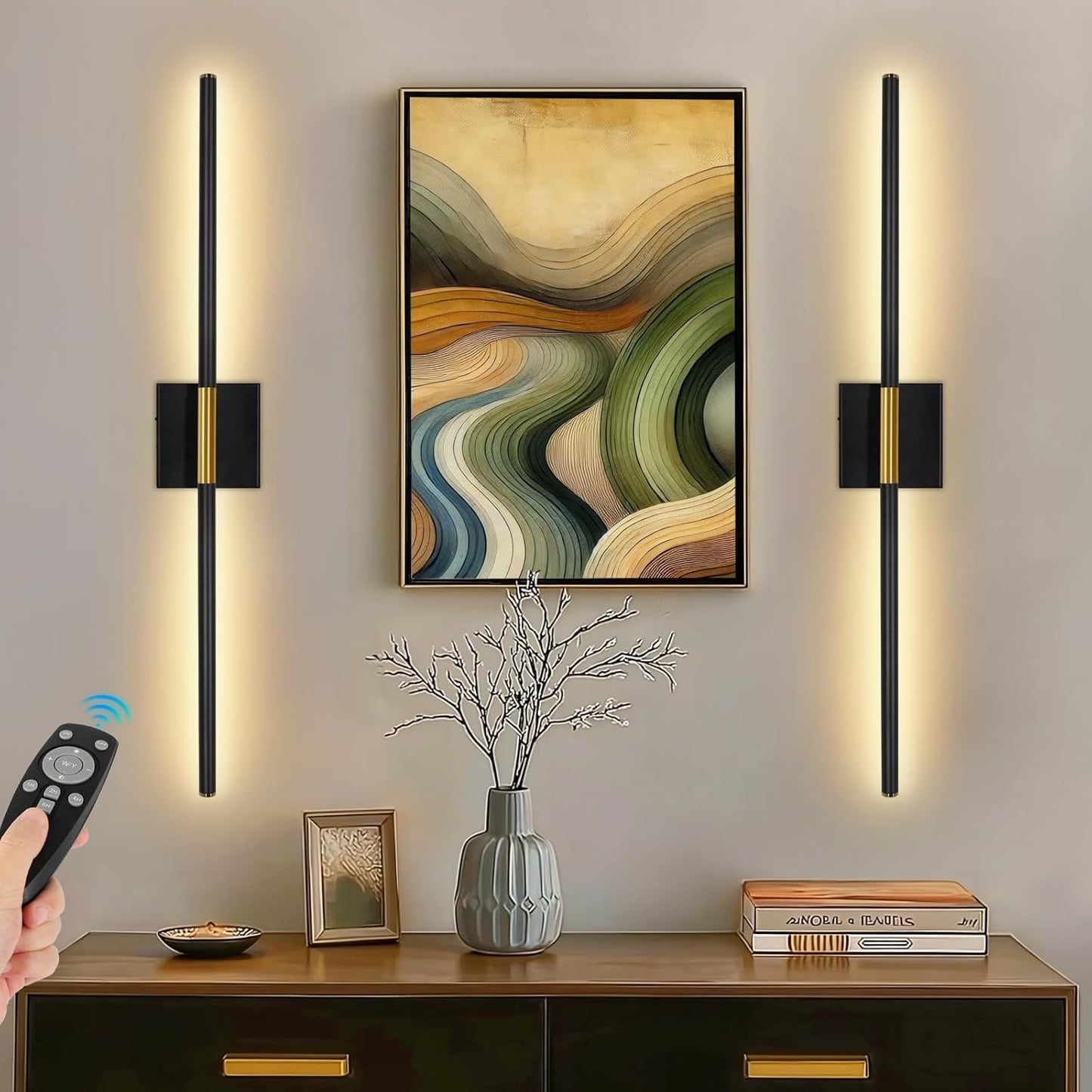 TaoFiaCo Battery Operated Wall Sconces Set of Two,Rechargeable Wall Sconces Set of 2 with Remote Control Dimmable Wall Light Decor for Living Room, Bathroom for, 24 Inch, Gold