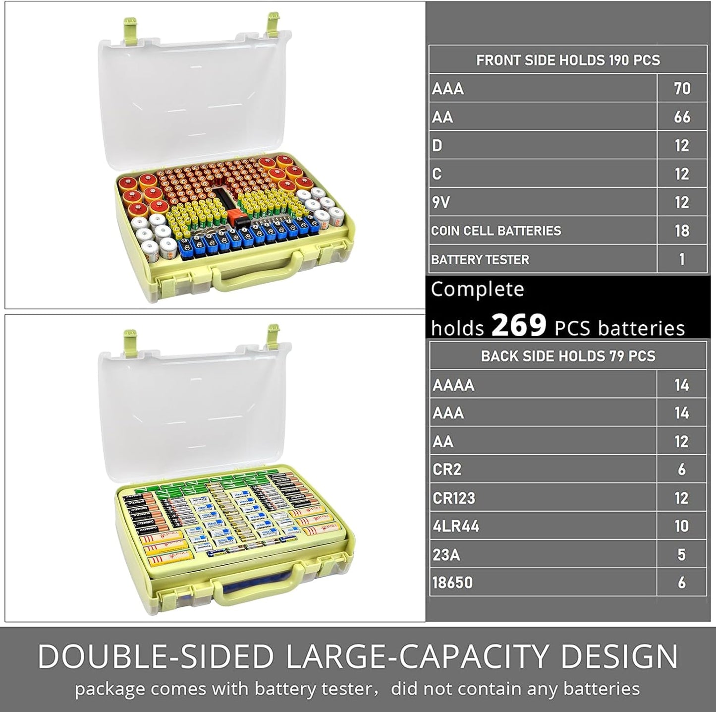Battery Organizer Storage Case with Tester for 269 Batteries, Double Sides | Plastic, For AA AAA 4A C D Cell 9V 3V LR44 CR2 CR123 CR1632 18650 Button, Wall/Drawer, For Families/DIY/Home/Garage, Grey