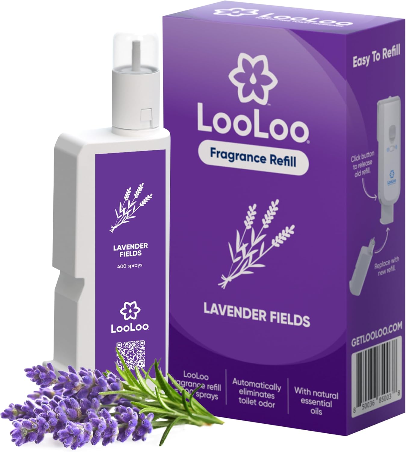 Loo Loo Touch Free Toilet Freshener Refills, Natural Essential Oils – Toilet Smell Eliminator, Bathroom Deodorizer, Air Freshener Spray for Bathroom, Clean Cotton Fragrance, 2.0 Fl Oz
