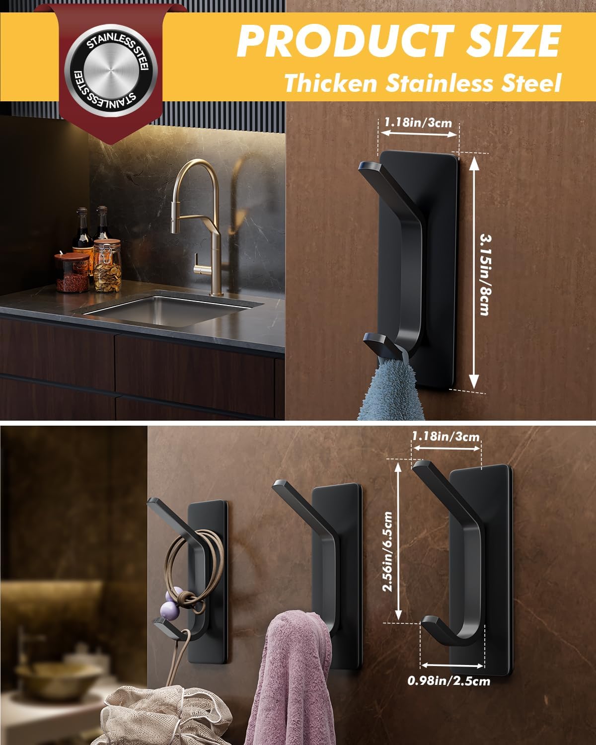Auxmir Self Adhesive Hooks 15lbs Heavy Duty, 5 Pack Stainless Steel Wall Hooks for Coat Towel Robe, Waterproof Rustproof Oilproof, No Drill Door Hanger for Bathroom Shower Kitchen Office RV, Silver