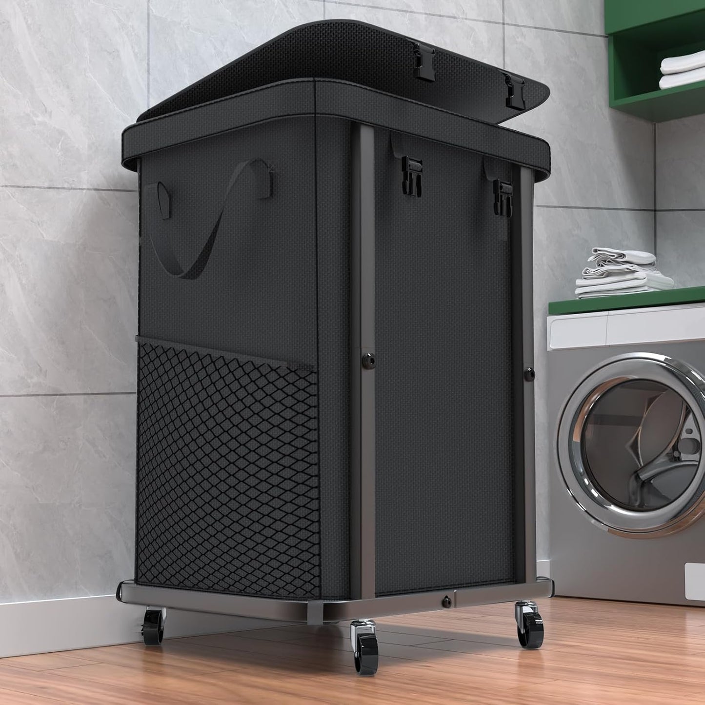 60 Gal(230L) Laundry Basket with Lid, Rolling Laundry Hamper with Wheels, Dirty Clothes Hamper with Metal Frame and Removable Bag Design, Suitable for Laundry Room, Bedroom (Black, 3 Section 230L)