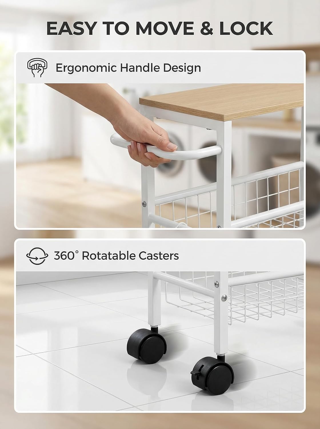 Rolling Utility Cart, 4-Tier Slim Narrow Storage Cart with Wheels for Kitchen, Laundry Room Organization, Metal Bathroom Organizer with Wood Top, Brown, 17.3" x 7.9" x 32.6"