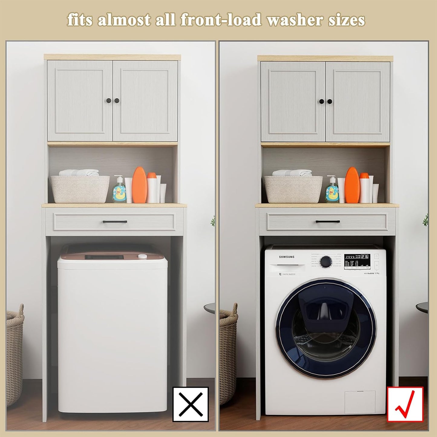 Over the Washer and Dryer Storage Cabinet, Laundry Room Organizer with Adjustable Shelf, Space Saver for Compact Machines (Max 26" W x 35" H), Waterproof E1 MDF, (White)