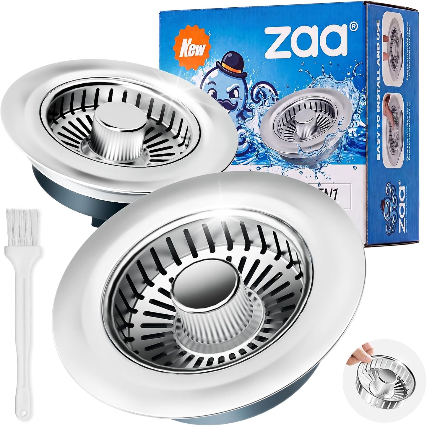 Sink Drain Strainer - Sink Stopper Kitchen Drain, 3 in 1 Kitchen Sink Drain Strainer with Anti-Clogging Basket, Kitchen Gadgets Clearance Sink Accessories, Fit US Standard 3-1/2'' Sink Hole, Silver