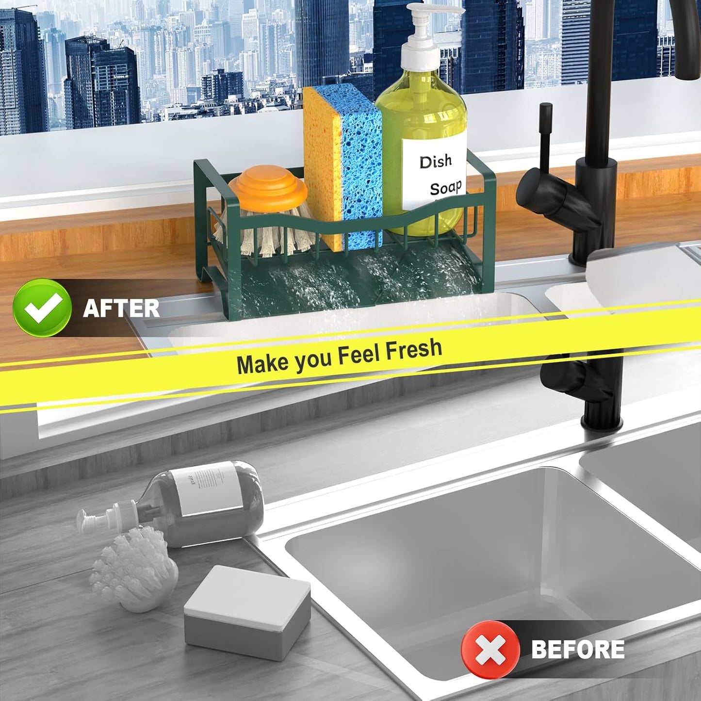 Maifan Stainless Steel Kitchen Sink Caddy Organizer with Auto Drain Tray, Sponge Holder for Countertop Storage Dark green