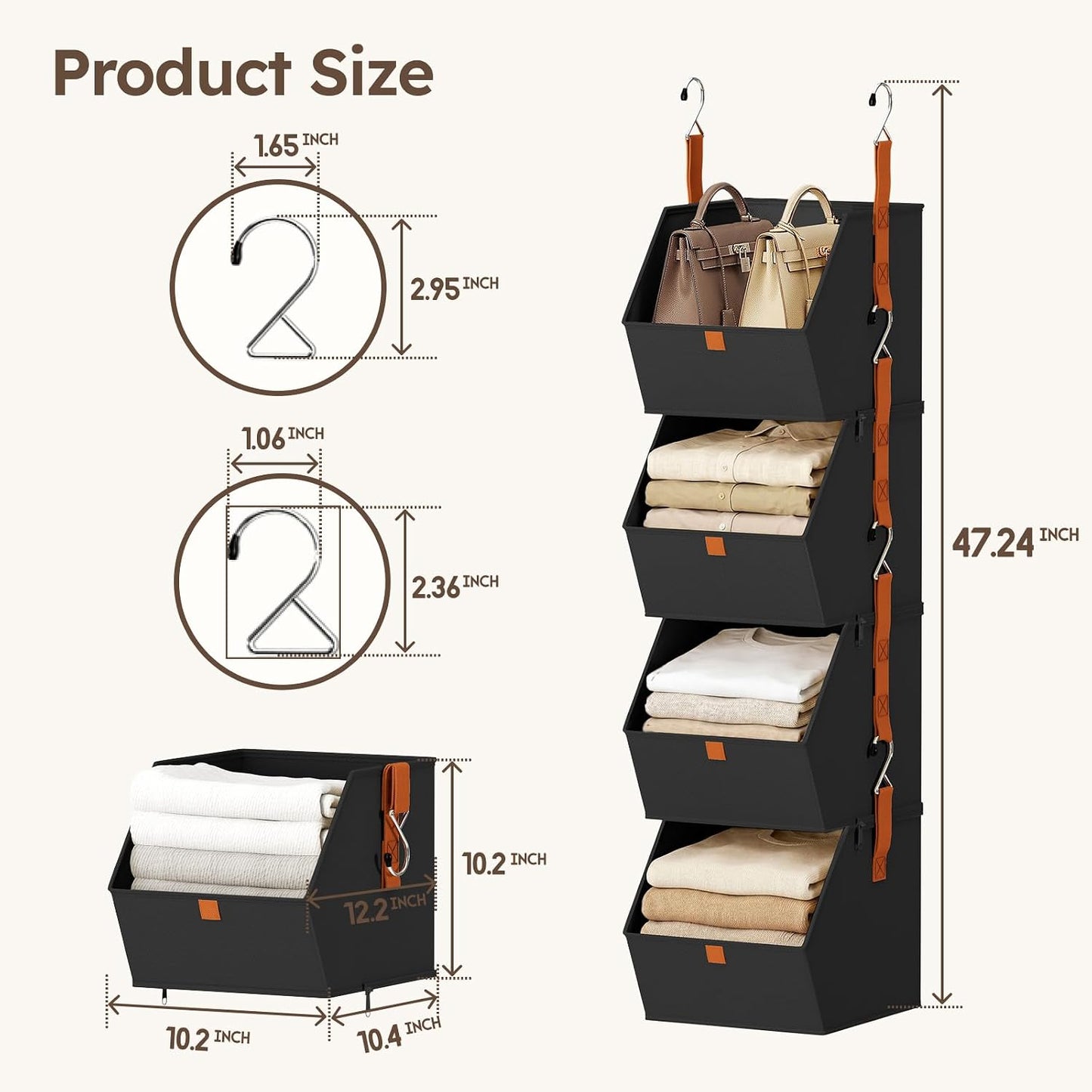Homsorout Hanging Closet Organizer 4 Tier - Clothes Hanging Shelves, Space-Saving Closet System, Fabric Storage Bins Bedroom Organization, Collapsible Baskets for Home, Dorm, Rv, Beige