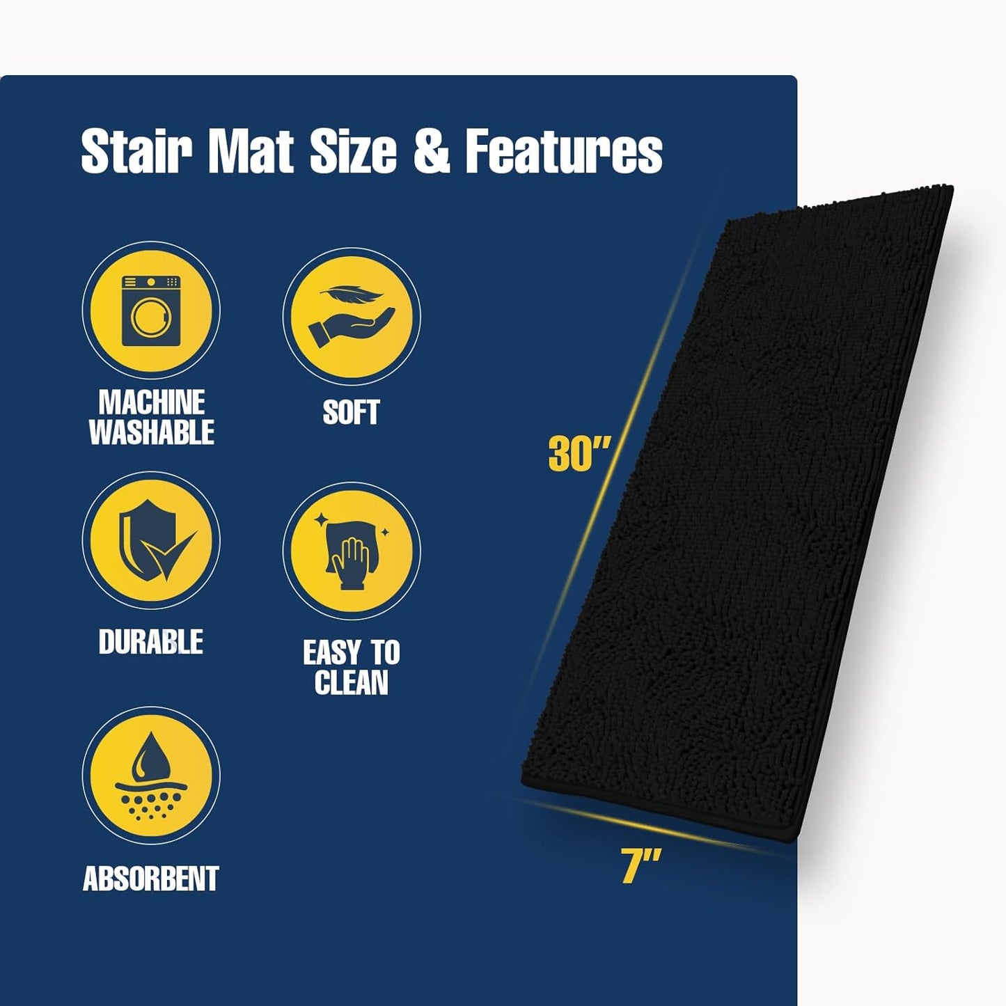 Muddy Mat® Pack of 4 - Soft Chenille Stair Treads Non-Slip Reusable, Super Absorbent Stair Treads for Wooden Steps, Tile & Marble Floor, Easy to Install & Machine Washable - Brown 30'' x 7''