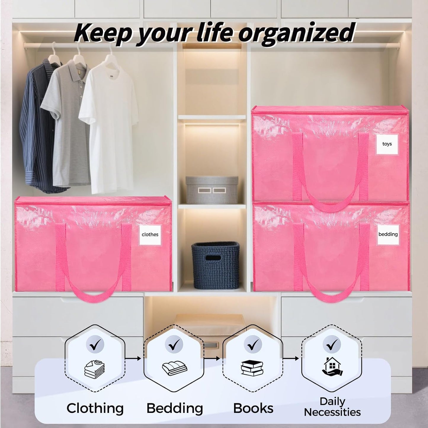 8 Pack Extra Large Heavy Duty Moving Bags, Clear Storage Bins with Lids, Reinforced Handles & Heavy-Duty Zippers Moving Boxes Storage Bags Totes for Clothes Packing, Dorms, College Supplies, Clear