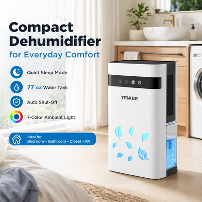 TENKER Dehumidifier for Home, 77oz Water Tank (1000 sq.ft) Dehumidifiers, Quiet Dehumidifier with Auto Shut Off, Sleep Mode, 7-Color LED Light for Closet Bedroom Bathroom RV, White