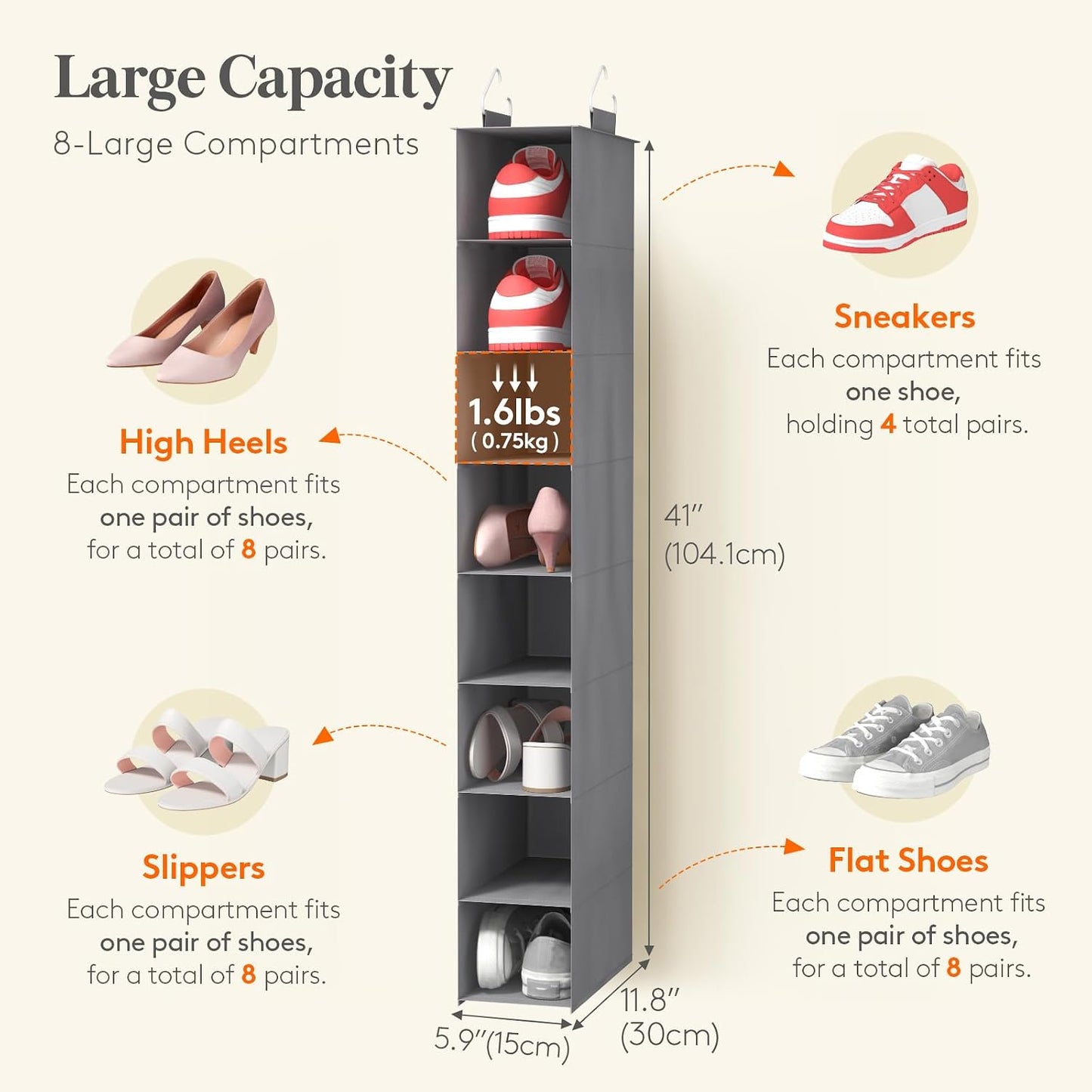 Lifewit 8 Section Hanging Shoe Organizer for Closet, Folding Shoe Racks, Fabric Shoes Storage with Two Hangers, Closet Organizers and Storage for Wardrode, Dorm, 11.8" L X 5.9" W X 41" H, Gray