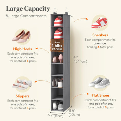 Lifewit 8 Section Hanging Shoe Organizer for Closet, Folding Shoe Racks, Fabric Shoes Storage with Two Hangers, Closet Organizers and Storage for Wardrode, Dorm, 11.8" L X 5.9" W X 41" H, Gray