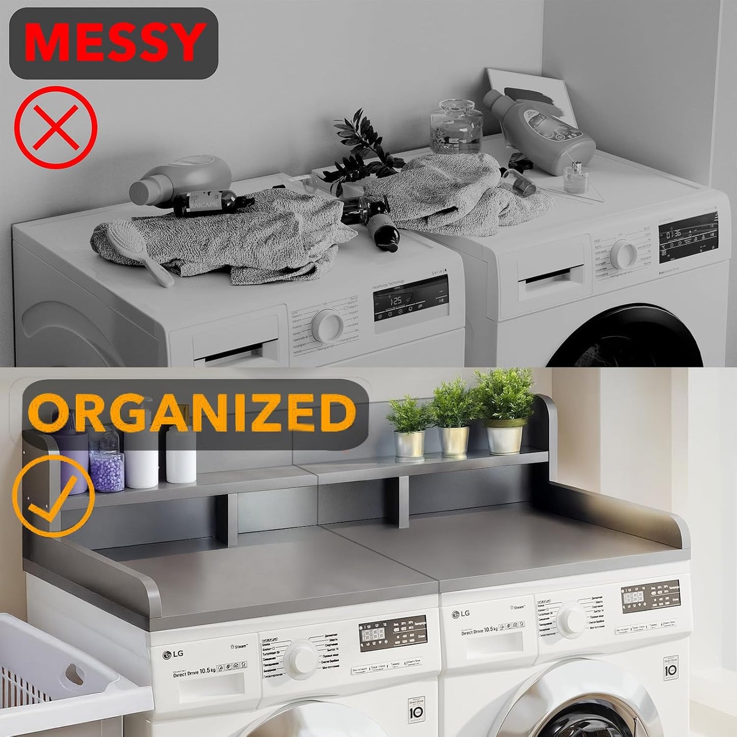 54" X 27.5" Washer and Dryer Countertop, Adjustable Laundry Countertop with Shelf, Extra Dividers, Folding Clothes Station, Over Machine Storage for Detergents & Essentials (Natural)