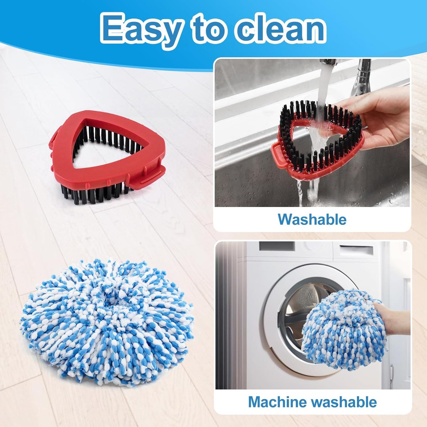 Spin Mop Handle,Mop Replace Heads,Brush and Base Compatible with O Cedar EasyWring 1 Tank,2 Microfiber Mop Refills and Brush,4-Section 30-58" Mop Handle,Mop Base Combo Set for Wet/Dry Floor Cleaning