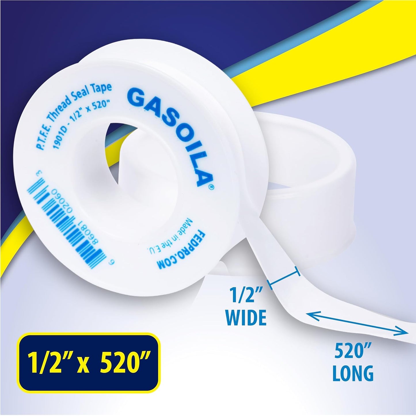 Gasoila PTFE Thread Seal Tape – Professional-Grade, 3/4 Inch x 520 Inch, Low-Density Thread Tape for Plumbing and Water Pipes – Leak-Proof Seal, Non-Toxic