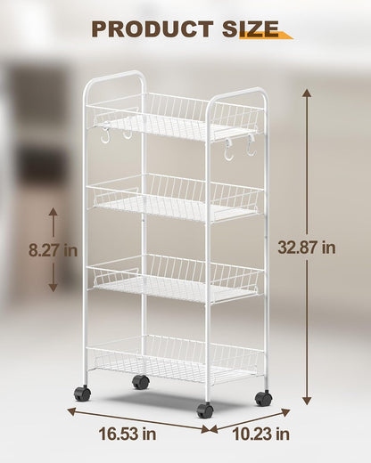 Mythinglogic 4 Tier Rolling Cart with 360° Wheels, Snack Cart, Removable Wire Baskets, Metal Utility Storage Rack for Kitchen, Bathroom, Laundry Room, Office